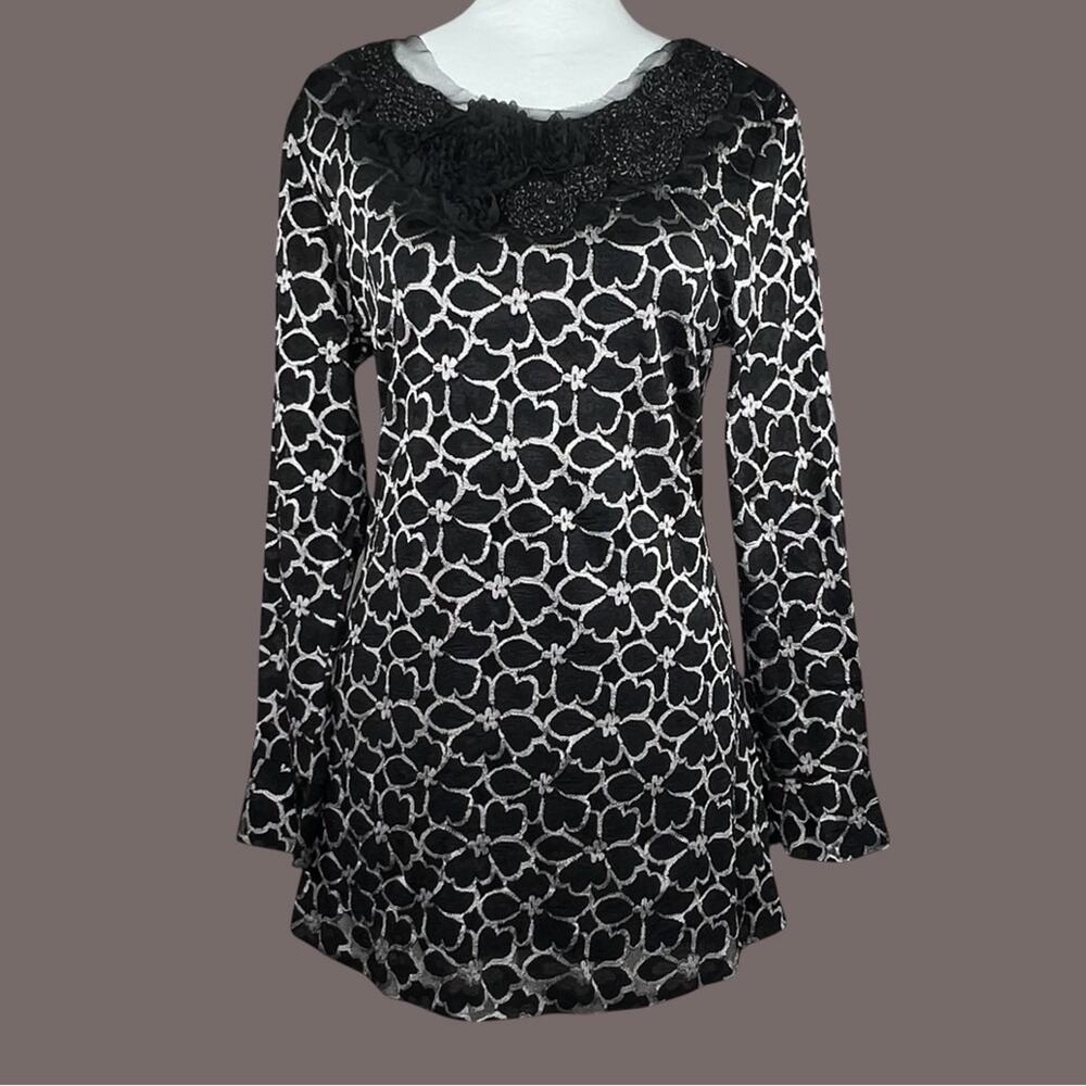 DouDou Korean 3D Rosette Tunic Top M 77 Beaded Mesh Black Silver Y2K Whimsigoth